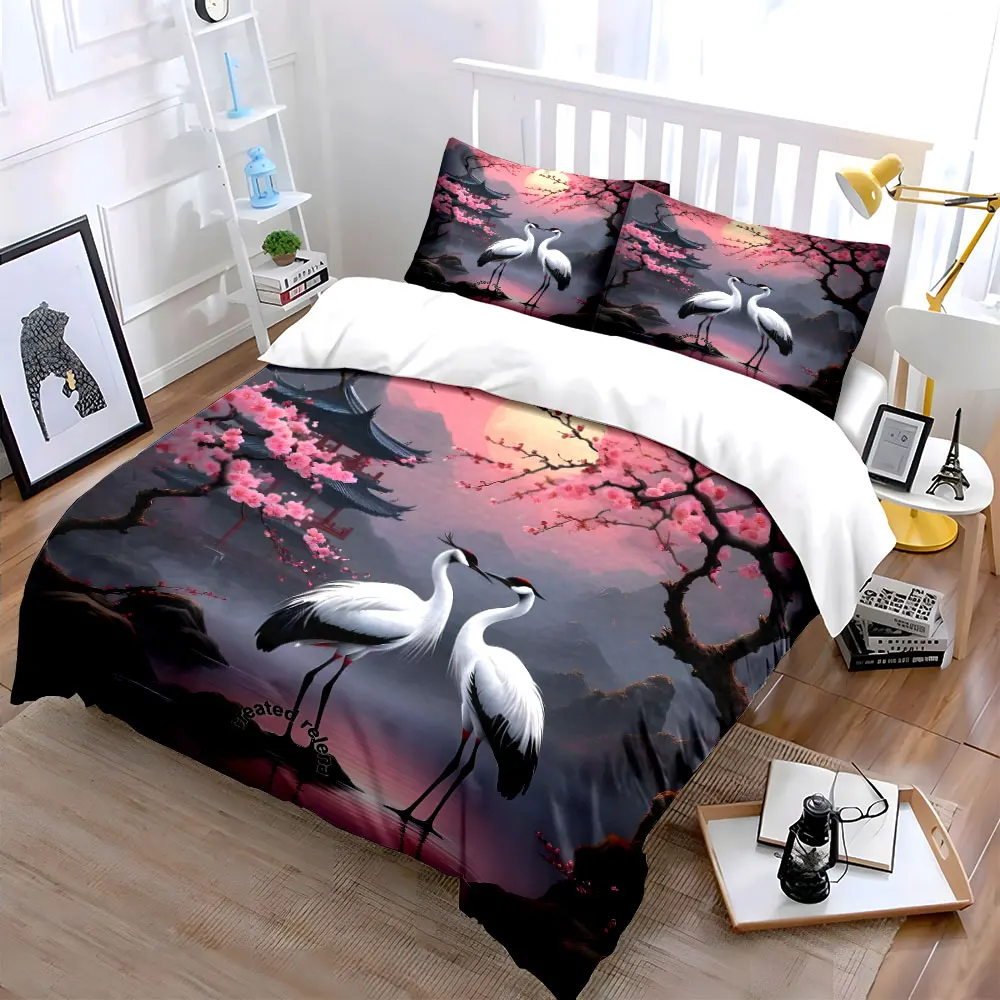Two cranes in cherry blossom courtyard Printed Duvet Cover Set1 Duvet Cover+2 PillowcaseMulti Size Bedroom Bedding Decor