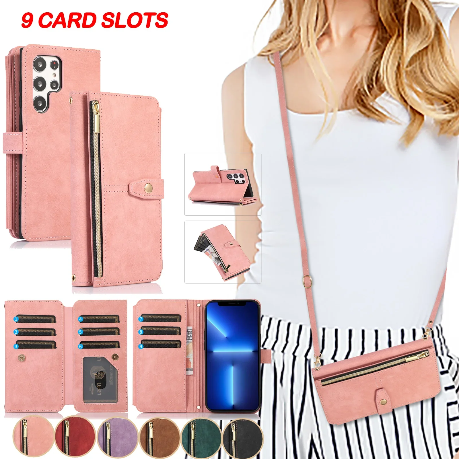 Crossbody Wallet Phone Case for Samsung Galaxy S21 S23 FE S24 S22 Plus Note 20 Ultra A53 A14 A34 A54 Card Holder Lanyard Leather