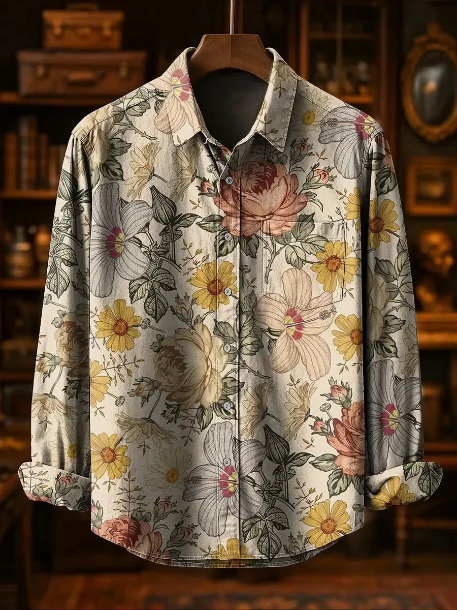 Men's Fashion Casual Fashion Patchwork Design Linen Shirt Floral 3D Printed New Style Comfortable Fit Long Sleeve Casual Shirt - view 4