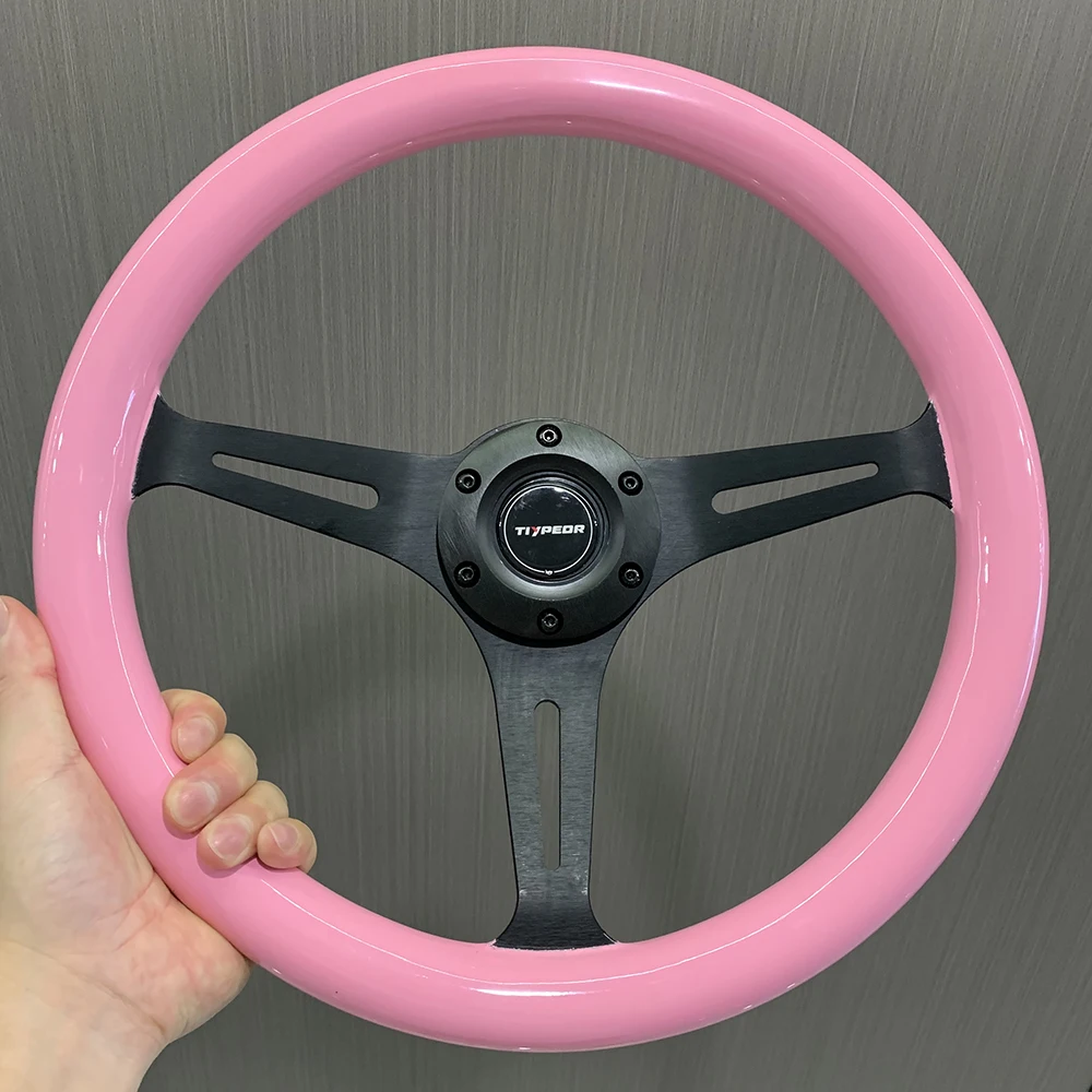 14inch 350mm Pink Solid Wood Steering Wheel With Skull Graffiti   Vintage Racing Modification Car Steering Wheel