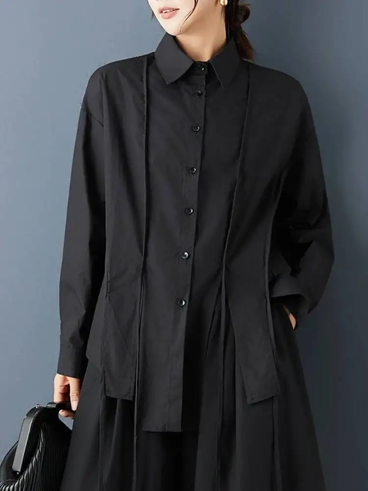 Women Black White String Big Size Casual Blouse New Lapel Long Sleeve Shirt Fashion Spring Autumn 2026 DIMB