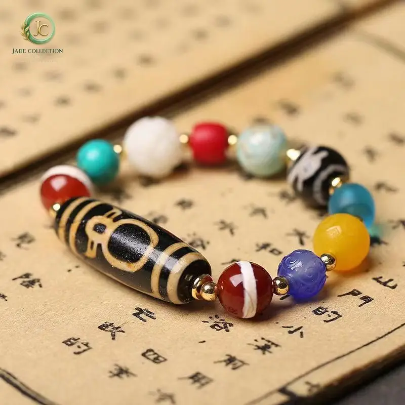 Tibetan Style God of Wealth Descends Multi-Treasure Old Agate Dzi Bead Single Circle Bracelet