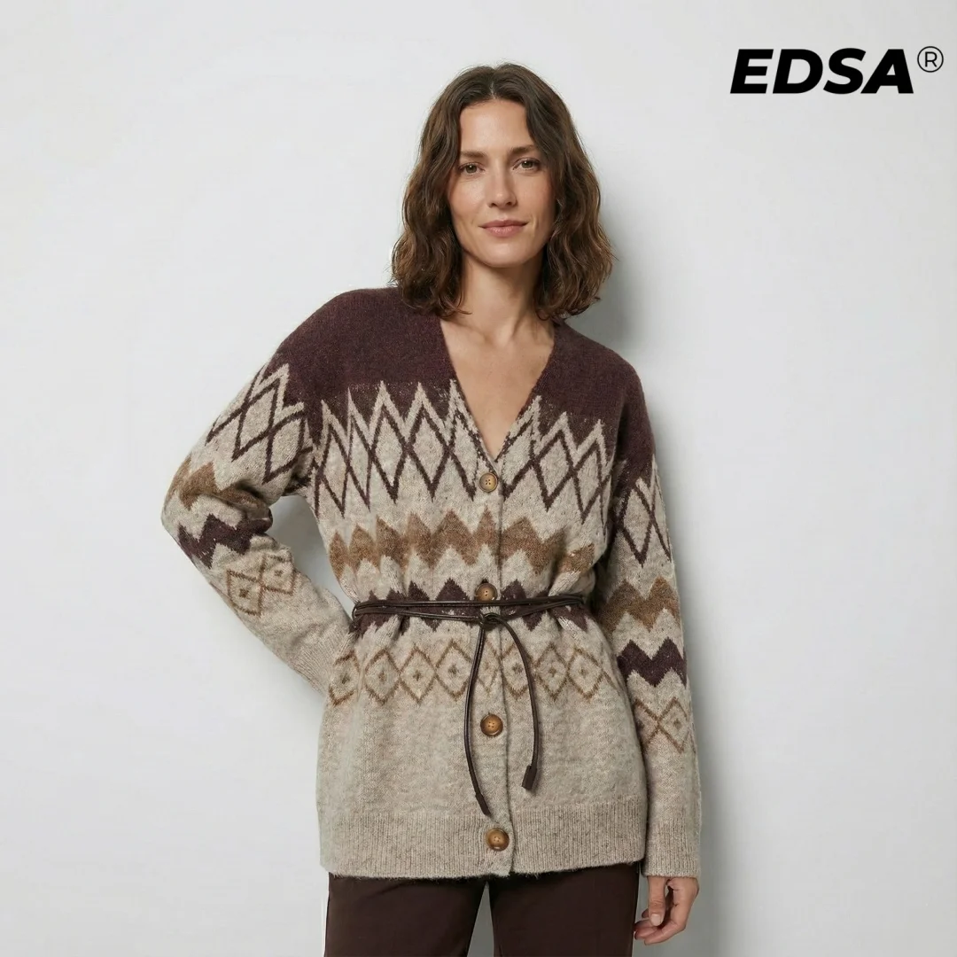 

Женский вязаный жаккардовый кардиган EDSA с поясом, длинными рукавами, V-образным вырезом, на пуговицах, для весны и лета