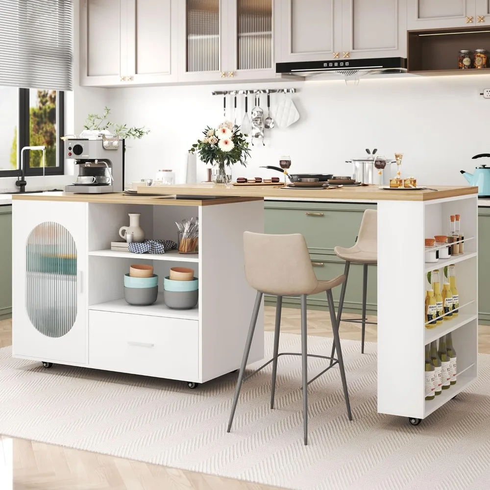 

Modern White Rolling Kitchen Island with Swivel Table, Storage Cabinet, Drawers, and Shelves
