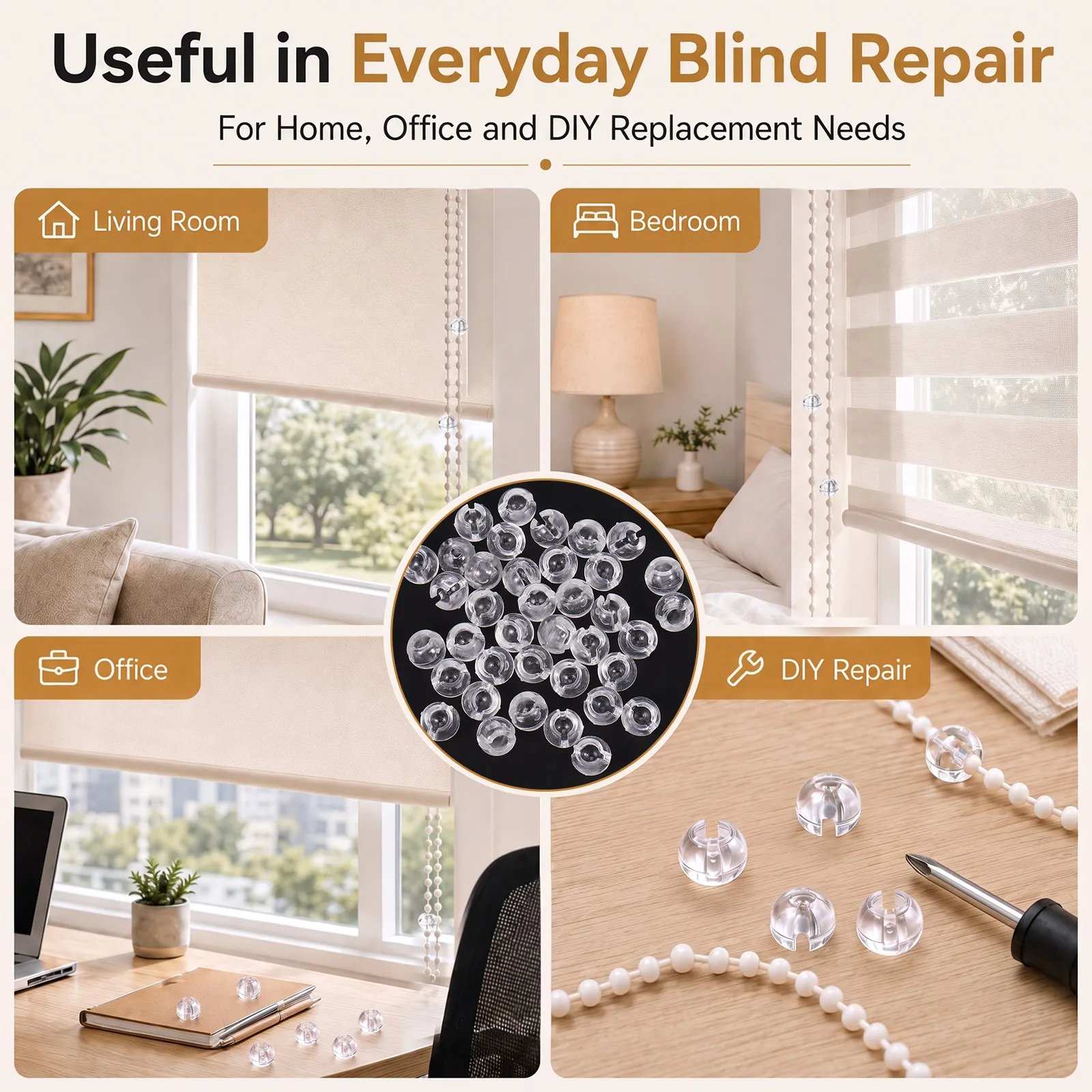 40Pcs Beads Chain Stop Transparent Clear Beaded Chain Crimp Stop for Roller Shades Vertical Blind Repair Replacement Parts