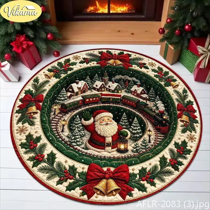 2D Train and Santa Claus Round Rug, Non-Slip Festive Decorative Mat for Living Room Sofa, Coffee Table Xmas Rug, Home Decor