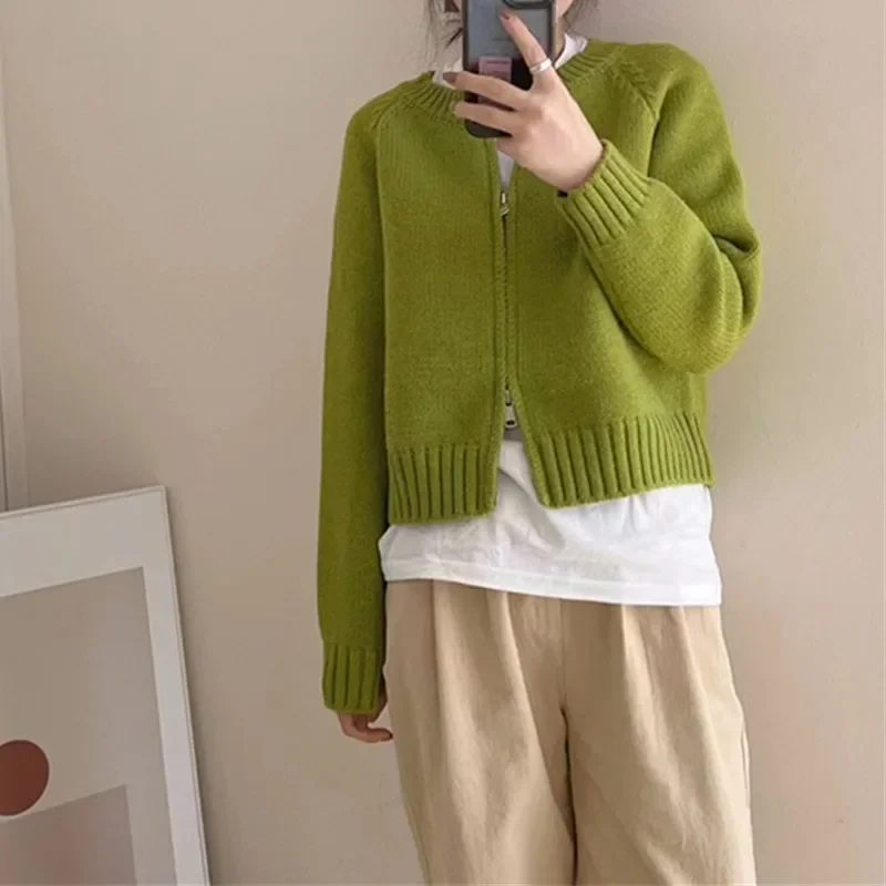 

Knit Sweater Coat Women Double Head Zipper Round Neck Knitted Long Sleeve Solid Color Autumn Winter Elegant Female Cardigan