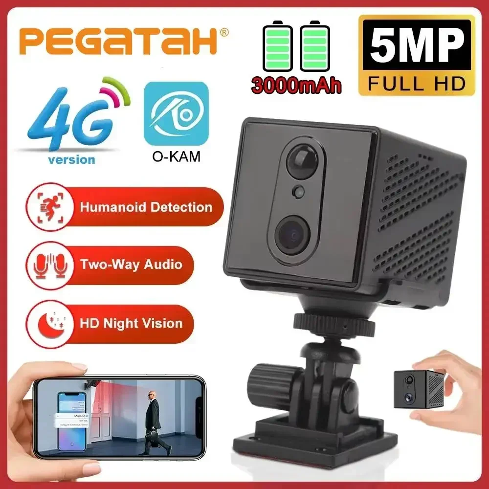 

PEGATAH 5MP 4G Mini Camera Indoor Night Vision Surveillance Security Monitoring Rechargeable 3000mAh Battery Powered Home Cam
