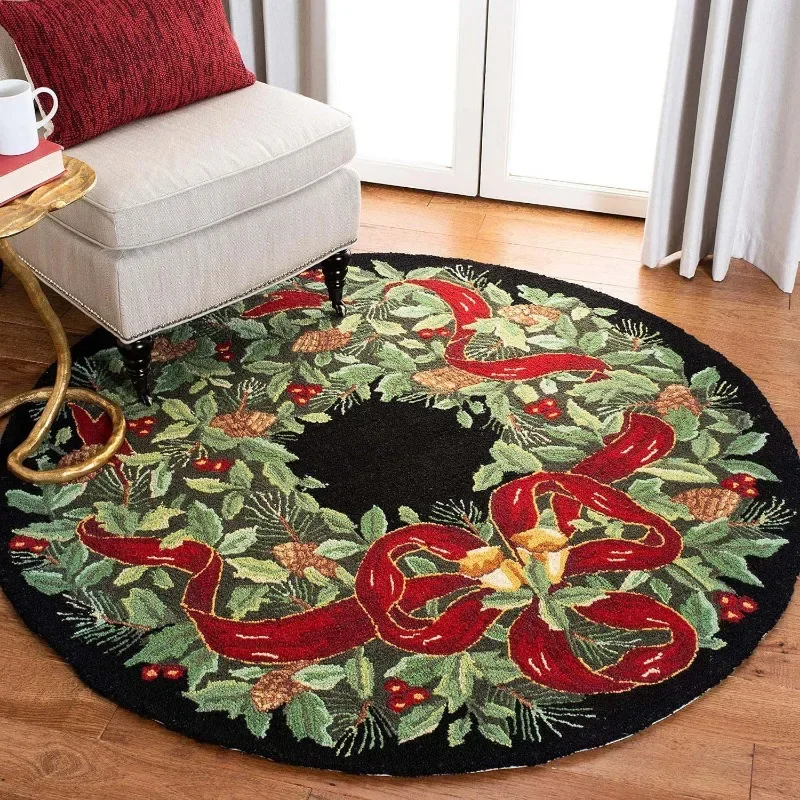 Christmas Round Carpet Retro Printed Crystal Velvet Soft Non-slip Living Room Carpet Christmas Pine Cone Rattan Wreath Carpet