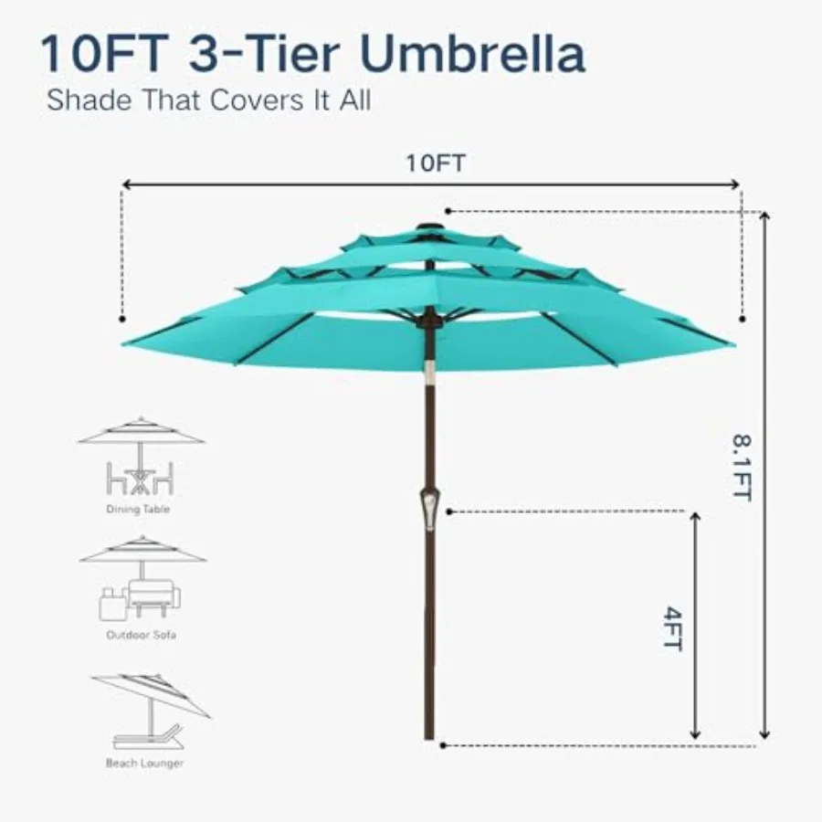 10Feet Patio Umbrella 3 Tiers Outdoor Market Umbrella w/Push Button Tilt, Crank, UV and Waterproof Table Umbrella for Garden, P