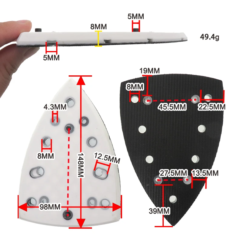 98*148mm 7 furos triangular gancho & loop lixa almofada em forma de mouse 4 pinos curto gancho fivela bandeja para festool dts 400 stickfix