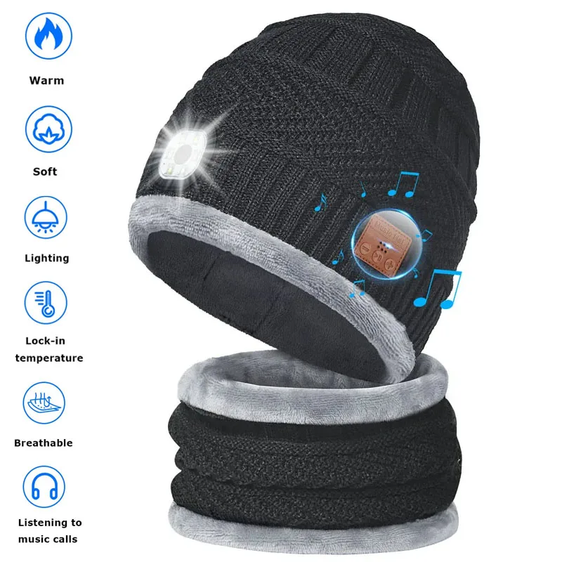 4in1 Winter Wireless Bluetooth Headphones Outdoor Sports Warm Music Headset Hat with Scarf LED Light Stereo Earphones with MIC