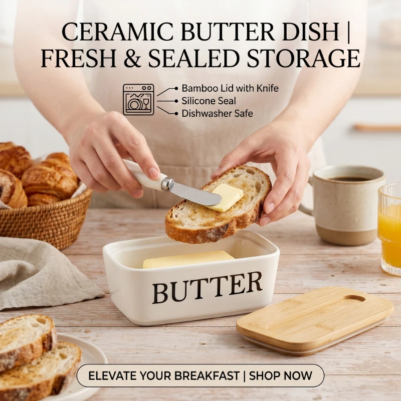 Ceramic Butter Pot with Sealed Bamboo Lid Butter Storage Container with Butter Knife for Kitchen Breakfast Baking Storage