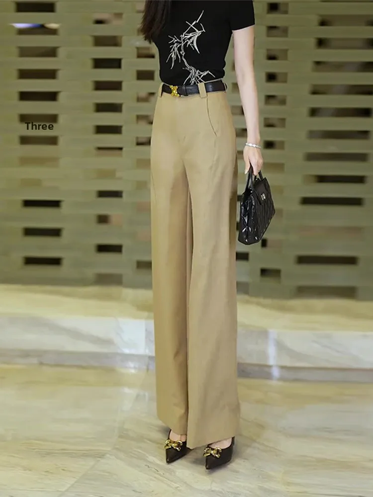 

Широкие брюки цвета хаки, женские драпированные брюки с высокой талией для похудения, модные прямые брюки, костюмные брюки, Новое поступление лета, корейский Sle