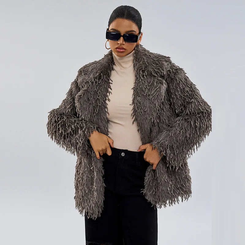 Otoño Invierno piel esponjosa manga larga chaqueta de Color sólido prendas de vestir exteriores 2025 Retro piel sintética Tops espesar chaquetas largas cálidas abrigos