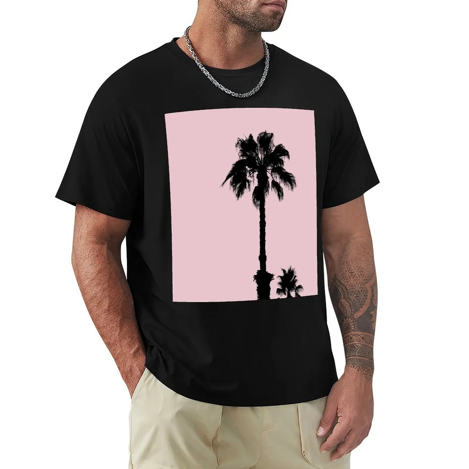 Palm Tree Silhouettes On Pink T-Shirt Work Daily Short Sleeve Top