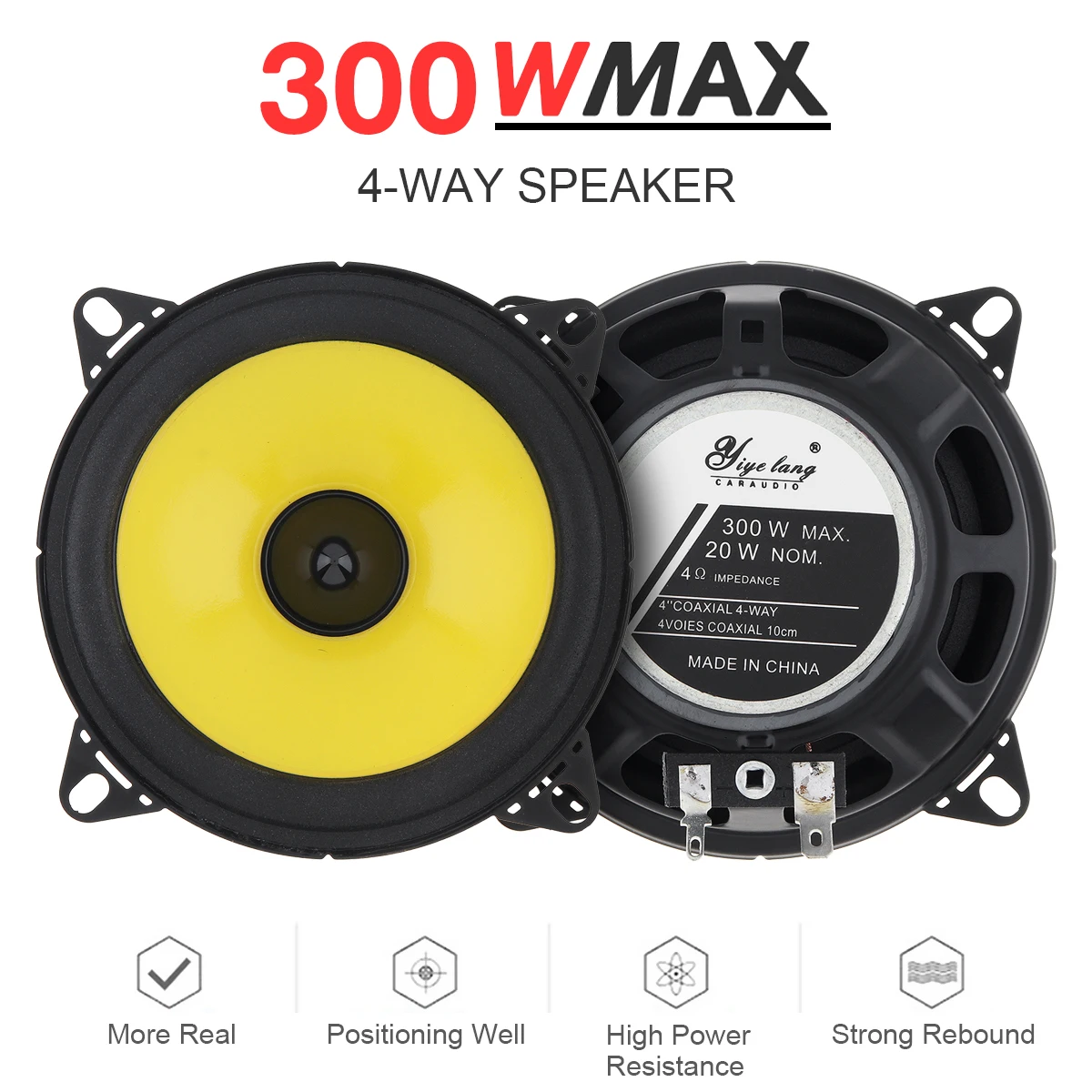 2pcs 4 Inch 300W Full Range Frequency Car Audio Heavy Mid-bass Ultra-thin Modified Speakers with Non-destructive Installation