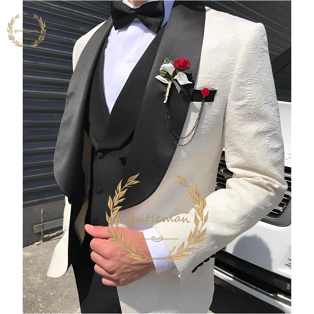 

Men's ivory jacket, black shawl collar jacket, vest and trousers 3-piece set, custom wedding dinner cocktail party tuxedo suit