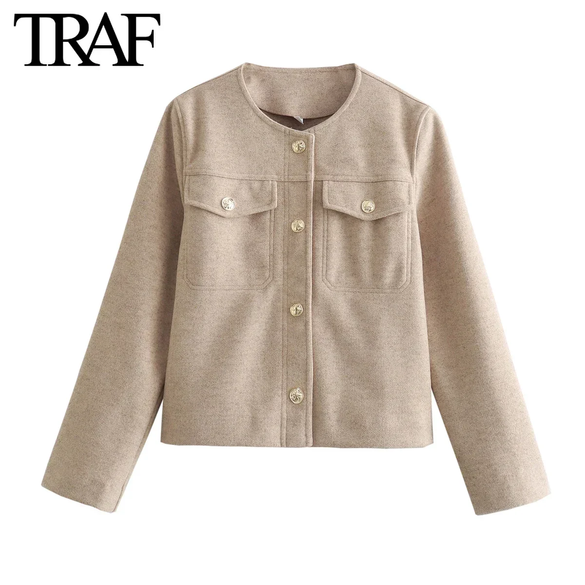 TRAF Women Fashion Spring New Flip Pocket Single-breasted Crewneck Jacket Tweed Short Coats Chic Ladies Tops Mujer