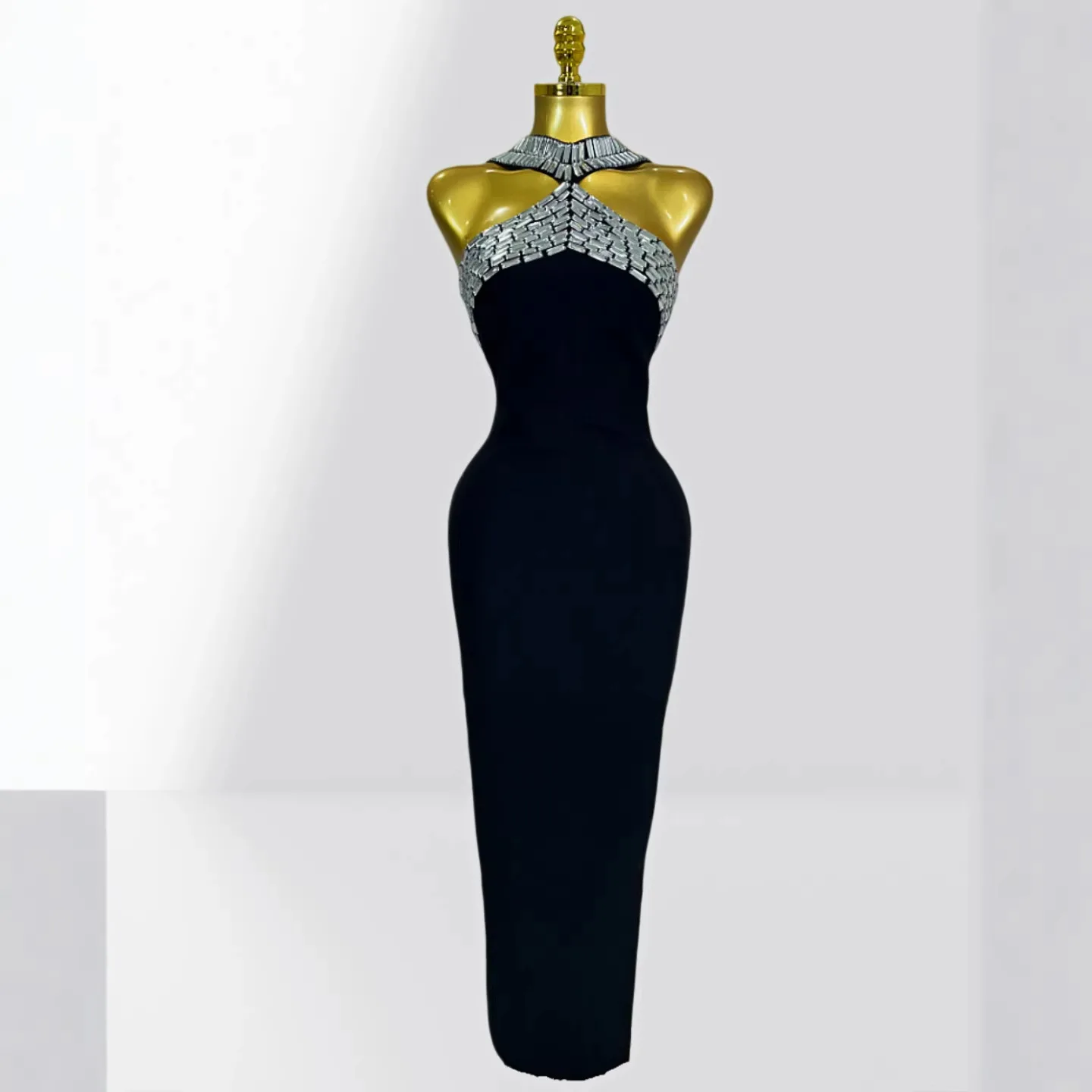 Luxury Black Diamond Strapless Bodycon Dress Fashionable Party Evening Gown High Waist Polyester Fabric No Sleeve Wrap Dress