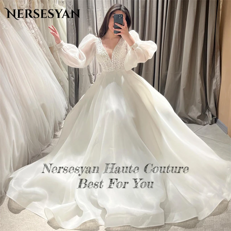 Nersesyan Sexy Long Puff Sleeves Formal Prom Gowns Chiffon V-Neck Wedding Dresses Modern A Line Draped Vestidos De Novia 2023