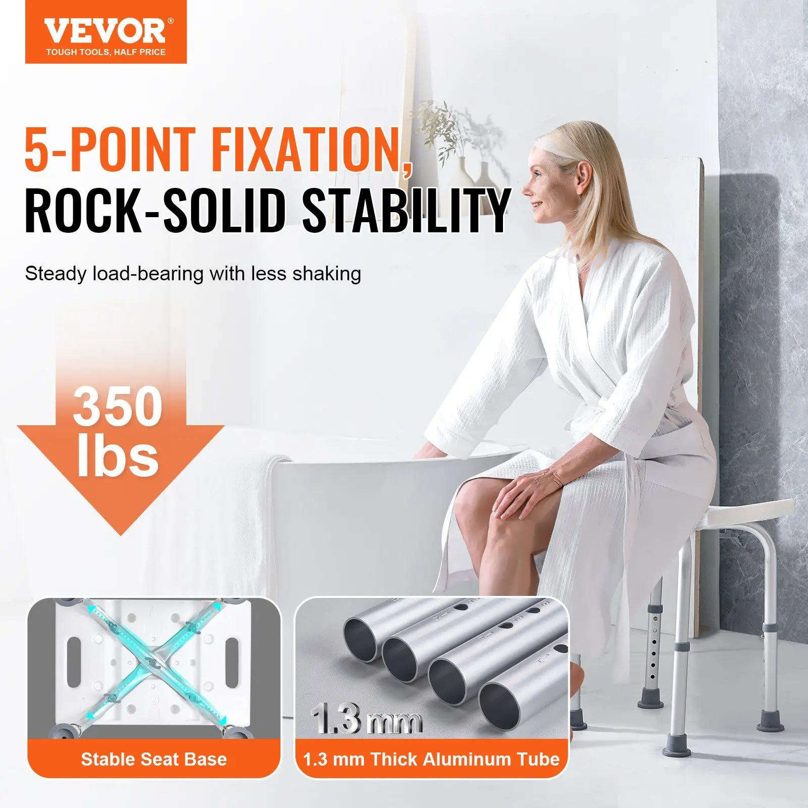 Shower Seat with Built-in Handles, Adjustable Height Non-Slip Bathtub Stool for Elderly and Disabled, 158.8 kg Capacity