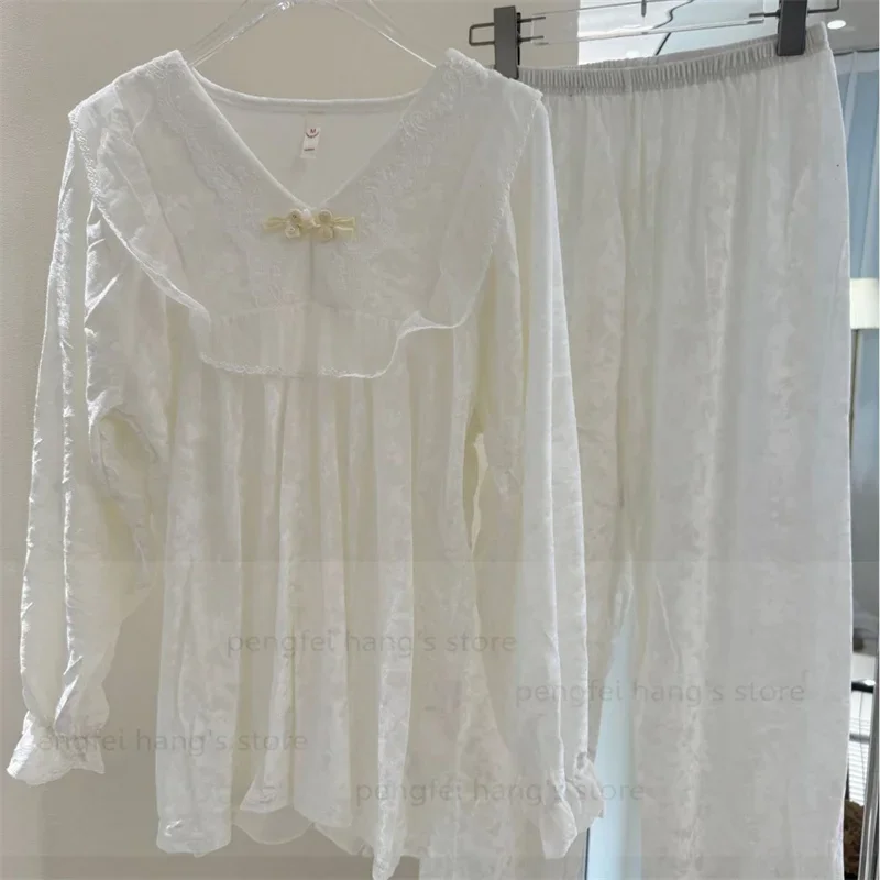 

Warm Velour Pajamas Suit 2025 Autumn Winter Homewear Sexy Lace Trim Pijama Mujer Nightwear Sleepwear Princess Style Loungewear