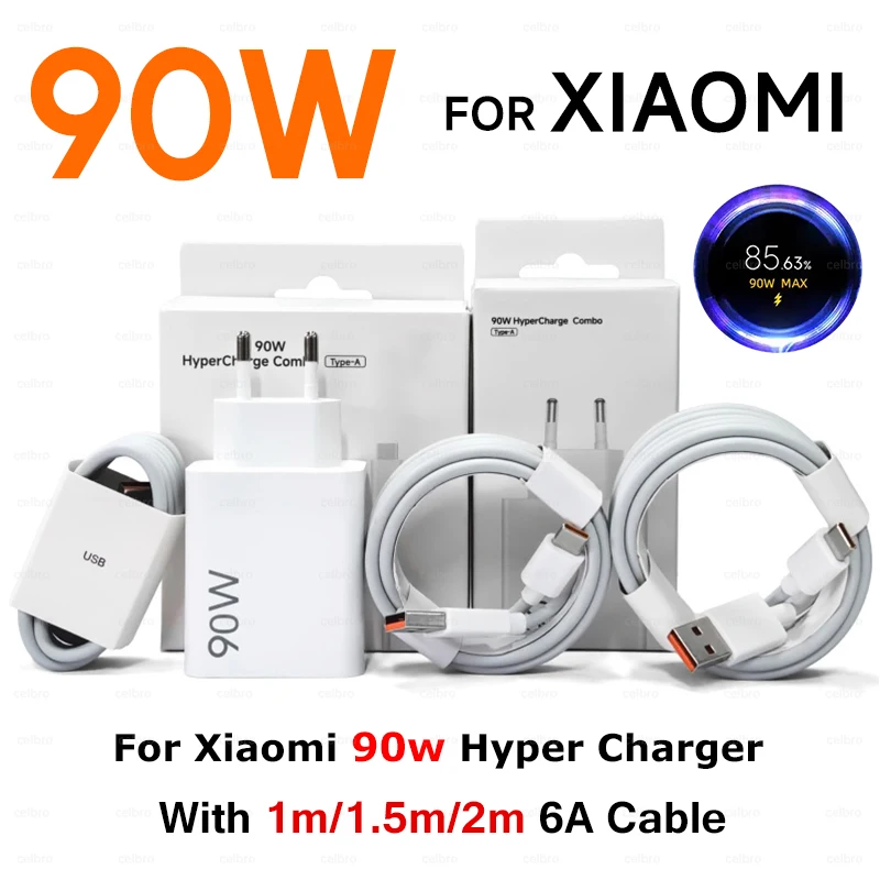 

Быстрое зарядное устройство 90W 6A Turbo с USB-C кабелем для быстрой зарядки телефонов Xiaomi Mi 15, 14, 13, 12, 11 Pro, Ultra, Lite, Redmi Note