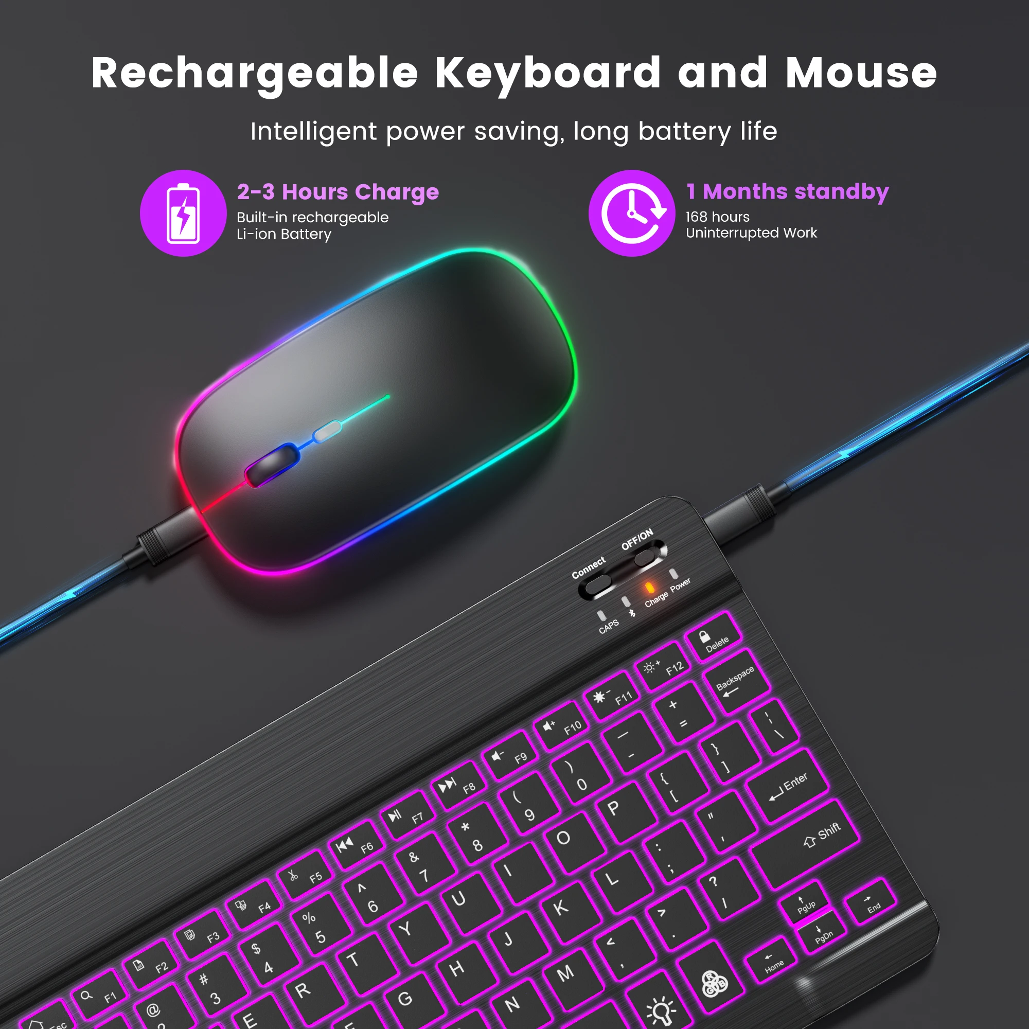 Bluetooth Wireless Keyboard and Mouse Mini Spanish Keyboard with Ñ Rechargeable Rgb Backlit Keyboard Kit for Table Ipad Pro Mac