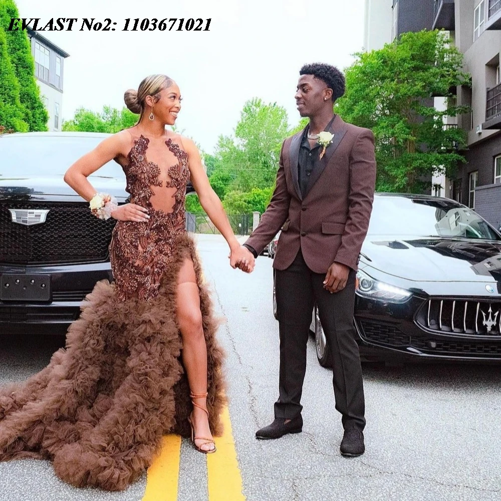 EVLAST Customized Sexy 2025 Brown Ruffles Mermaid Prom Dress High Slit Crystal Beaded Black Girls Evening Gala Party Gown E2P411