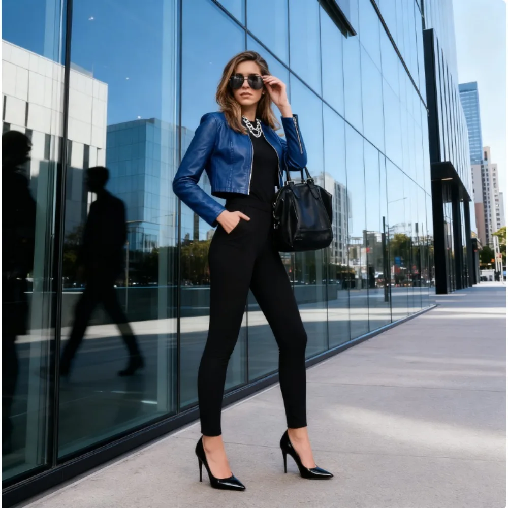 

Autumn Winter Women's Fashion PU Leather Short Blazer Jacket Leather Outerwear