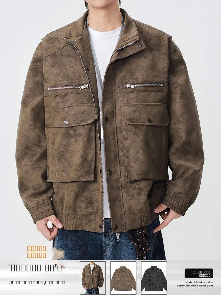 

Мужская рабочая куртка на молнии с воротником-стойкой, свободного кроя, из полиэстера, с длинными рукавами, молодежная мода, осень-зима