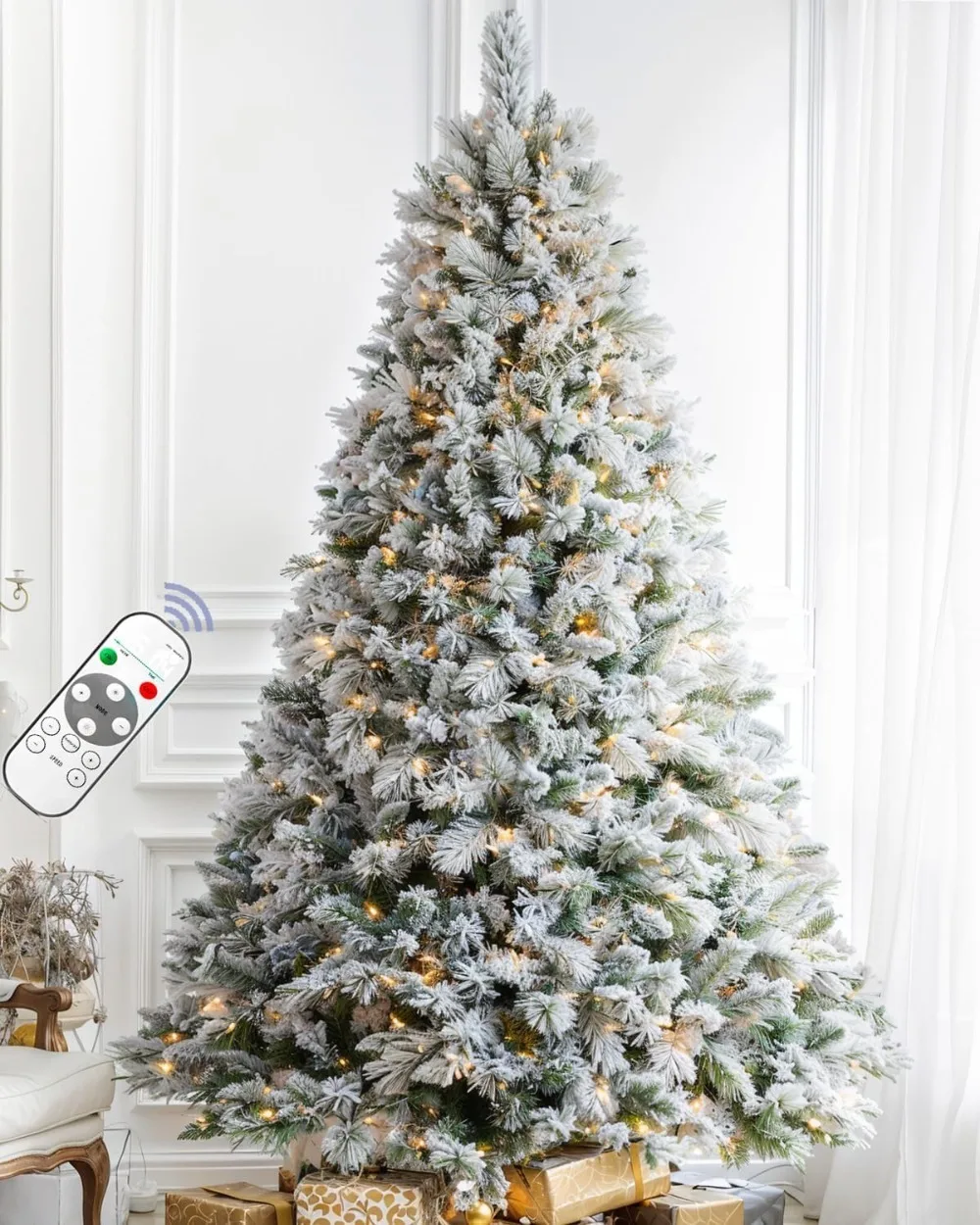 9FT Pre-lit Snow Flocked Christmas Tree Spruce with Remote Control, 800 Warm White Multi-Color Lights