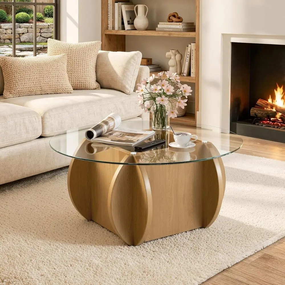 

Round Glass Top Coffee Table with Wooden Base for Minimalist Living Spaces