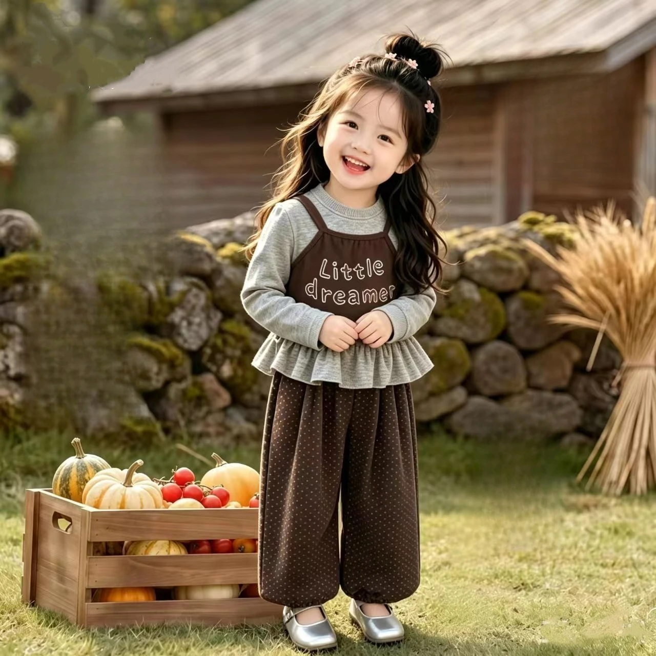 Mädchen-Set mit ärmellosem Oberteil mit Buchstabendruck und gepunkteter weiter Hose – 2-teiliges Freizeitoutfit, koreanischer Stil für den Herbst – Detail 2