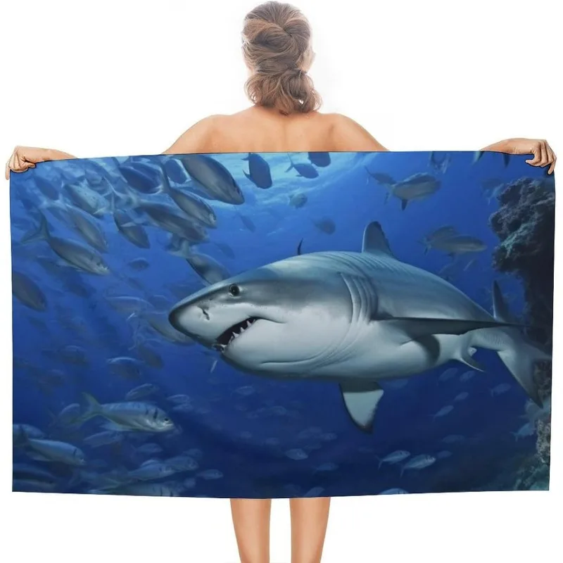 

1 piece ultra-soft 27.5x55 inches shark and marine life print beach towel, quick-dry water-absorbing polyester, perfect for pool