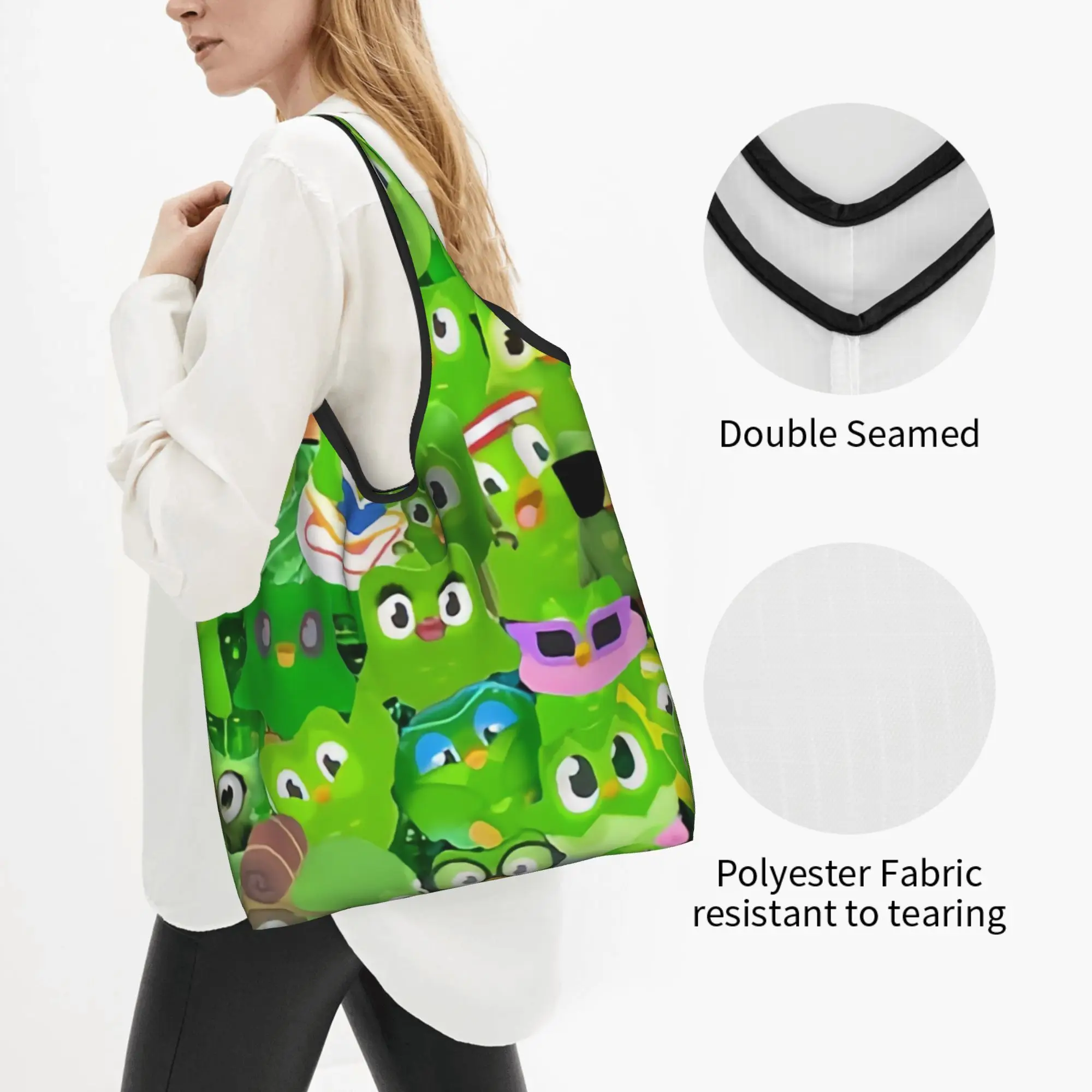 Cute Cartoon Duolingos Educational Parrot  Grocery Shopping Bags Custom Shopper Shoulder Tote Bags Big Capacity Portable Handbag