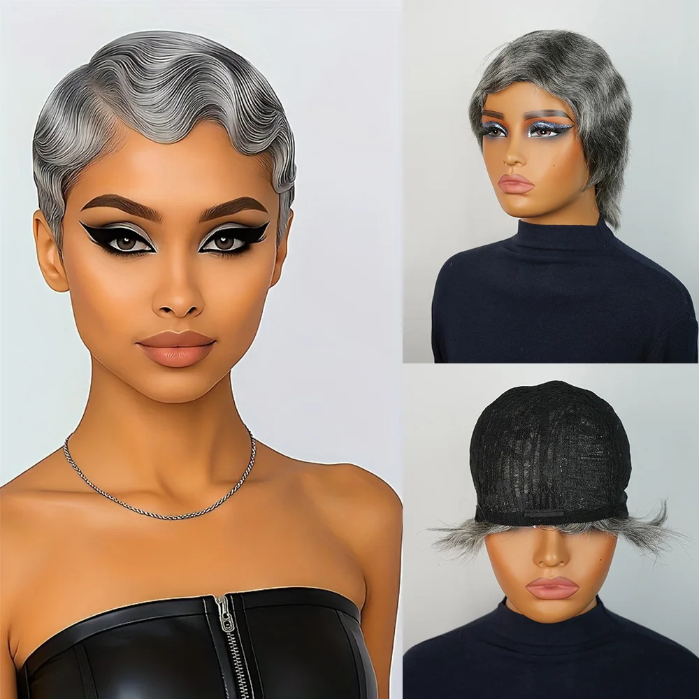 الطبقات قصيرة مجعد فضي رمادي عابث قطع الباروكات شعر الإنسان 100% كامل آلة صنع الباروكات شعر الإنسان الطبيعي لا تشابك شعر مستعار