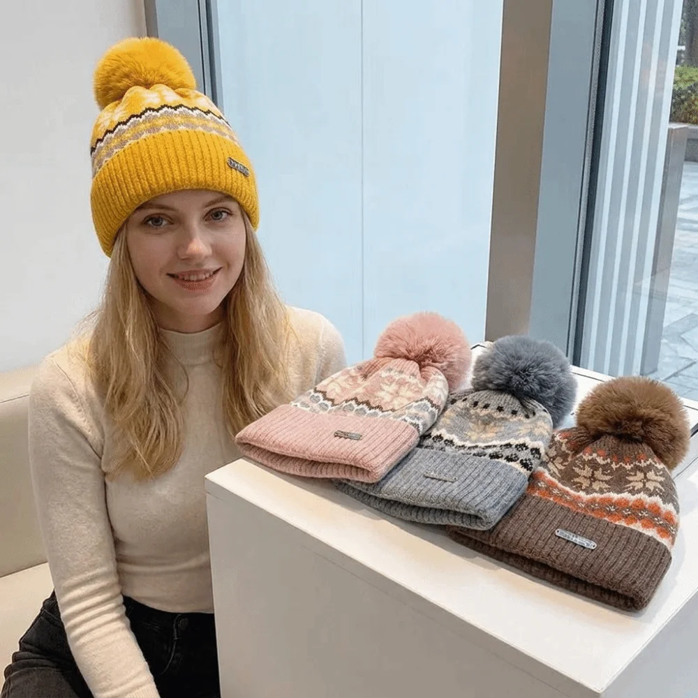Soft Thicken Knitted Beanie Cap Windproof Snowflake Pattern Velvet Hat Warm Lining Pom Pom Decoration Casual Beanie