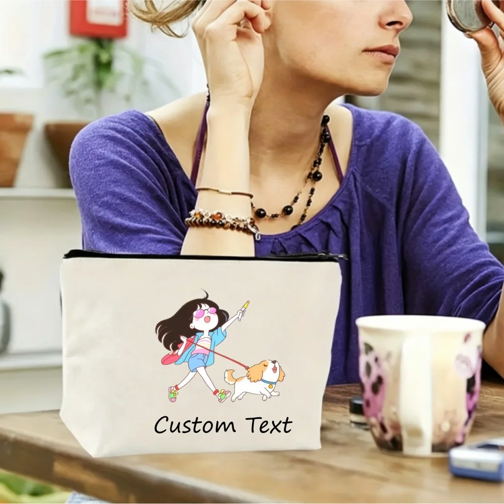 1PCCustom Text Cartoon Girl Walking Puppy Cosmetic Pouch Pink Sunglasses Girl Zipper Makeup Bag Personalized Canvas Storage Gift