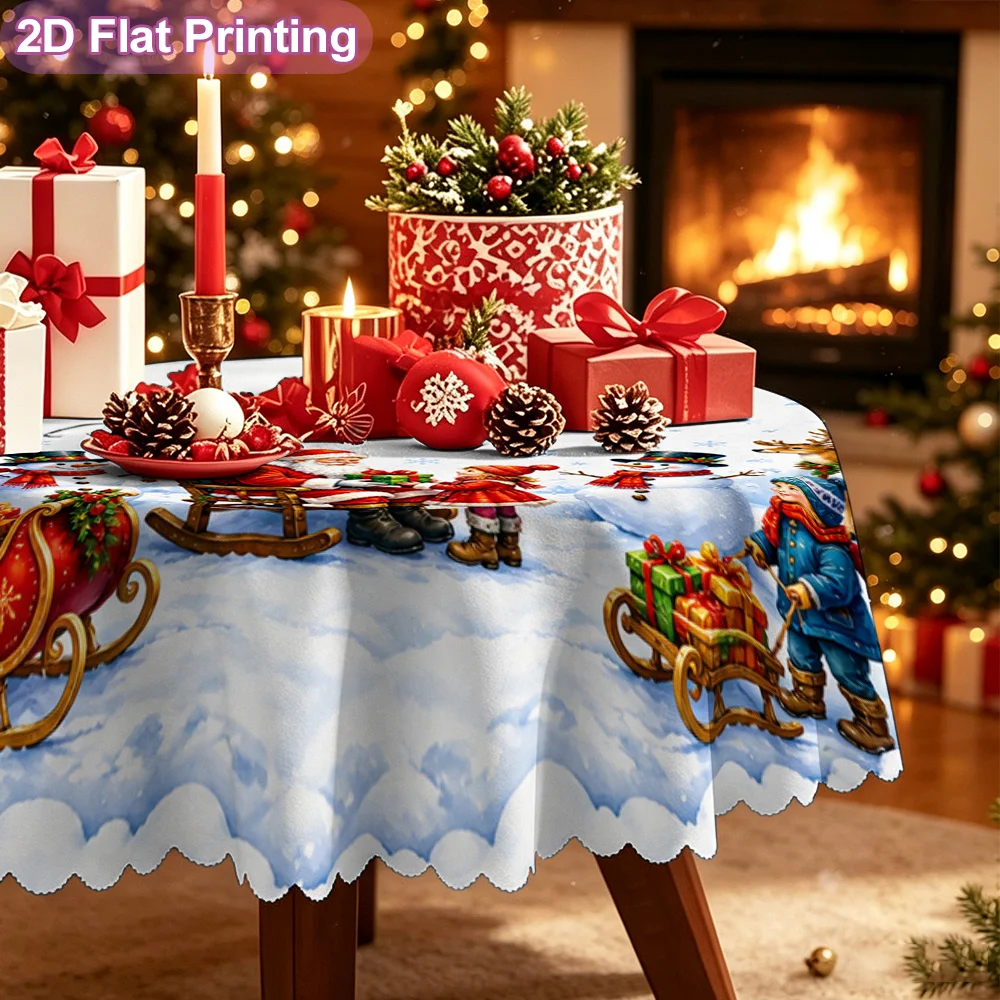 2D flat model, single-piece round Christmas tablecloth, including Santa Claus snowman Christmas scene pattern