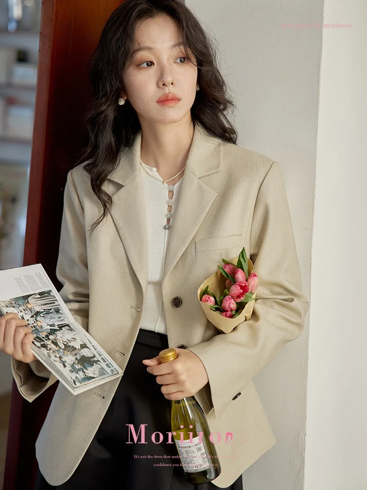 

Moriirose Almond Mixed Color ket Suit Women's Loose Vintage Autumn Outerwear Long Sve Formal Sle Single Button