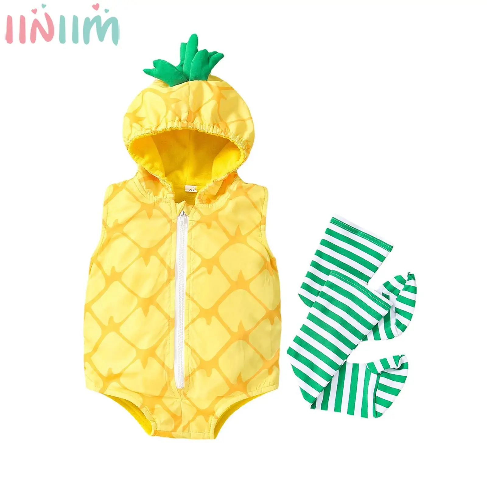 

Baby Cute Romper Pineapple Avocado Rugby Cosplay Costume Sleeveless Zipper Hooded Bodysuit with Warm Sock Photography Clothes