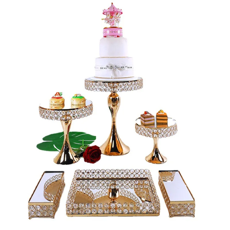 5-7pcs Crystal Metal Cake Stand Set Acrylic Mirror Cupcake Decorations Dessert Pedestal Wedding Party Display Tray