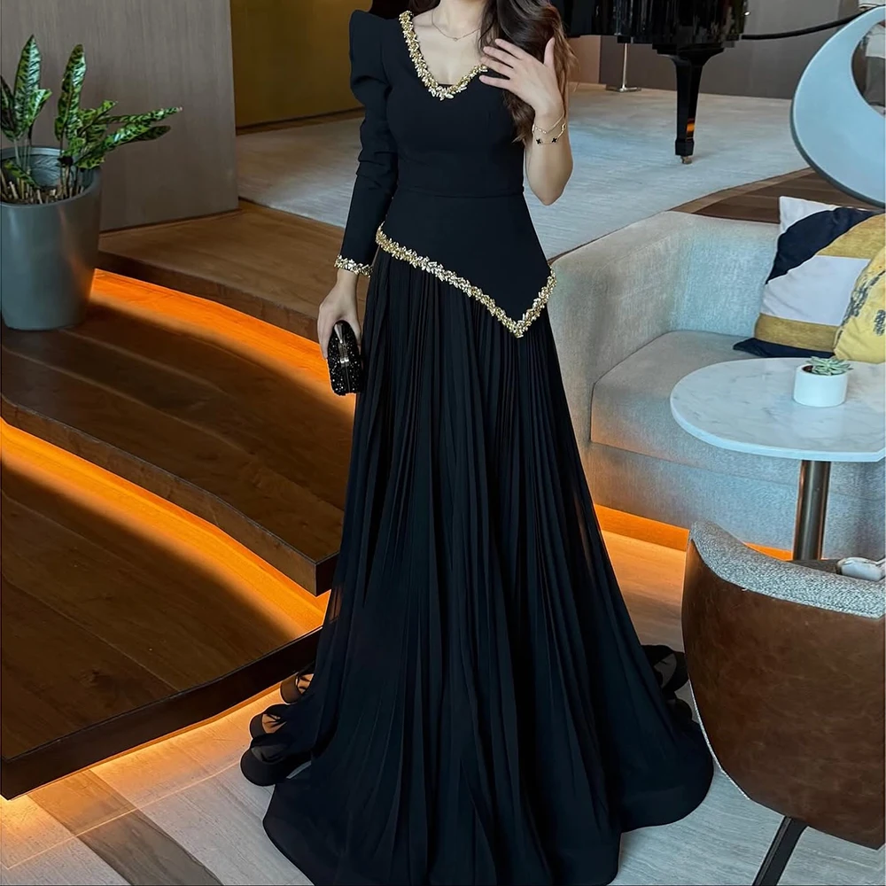 

Customized A-line Evening Dresses Floor-length One-shoulder Full Sleeve Prom Gown Fashion Crystal Simple Draped Party Gown