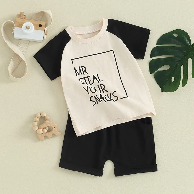 

Baby Boys Shorts Set Short Sleeve Letters Print T-shirt with Elastic Waist Shorts Summer Outfit