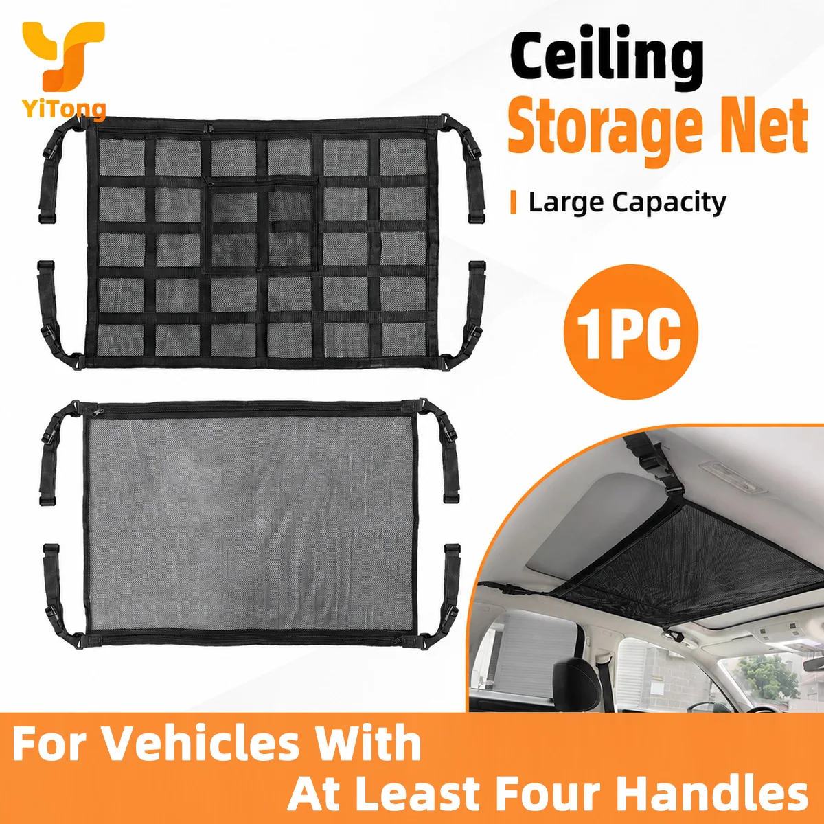 Yitong 1PC Car Roof Storage Net Bag Double Layer Zipper Mesh Pocket Large Capacity Sundries Organizer For Vehicle Travel Interio