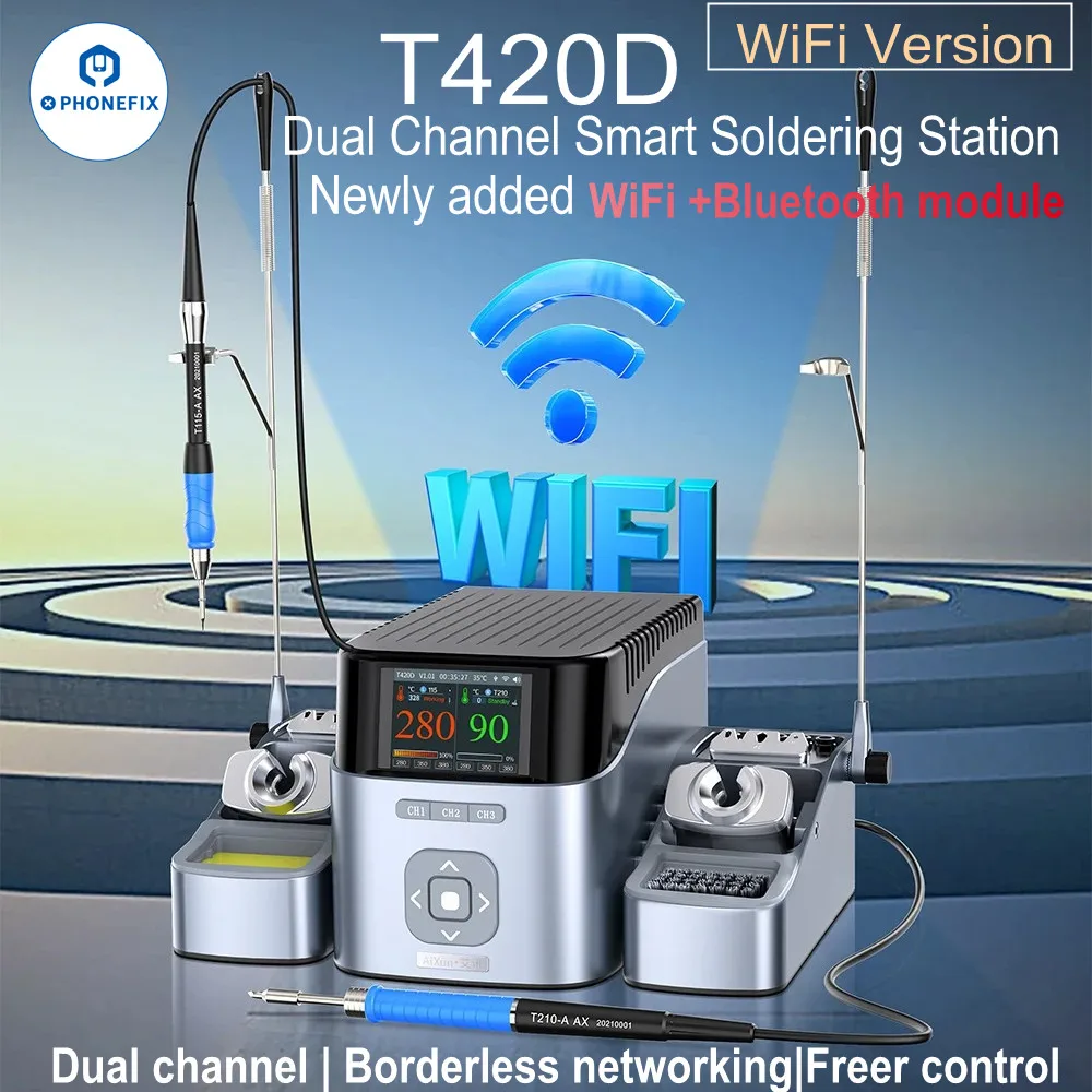2025 Aixun T420D واي فاي/بلوتوث محطة لحام ثنائية القناة الاستعداد التلقائي دعم T115/T210/T245 مقابض للرقاقة SMD PCB