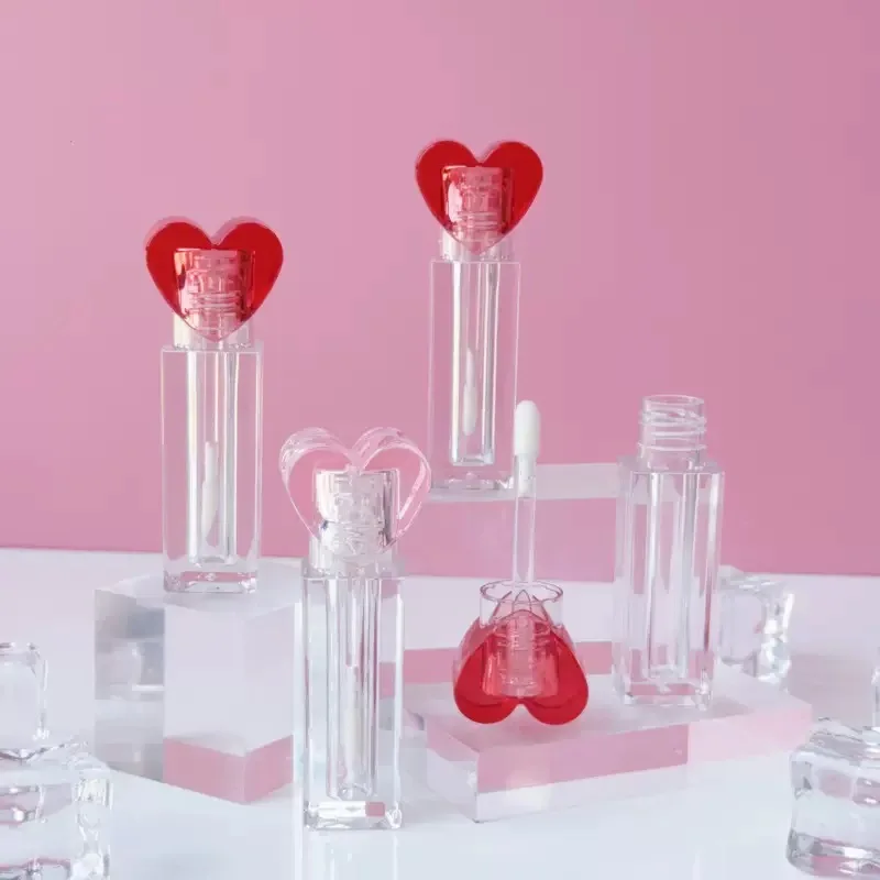 

50Pcs Lovely Clear Pink Red Heart Cap Square 3.5ML Lip Gloss Packaging Wholesale Cute Cosmetic Lip Tint Bottles Lipgloss Tube
