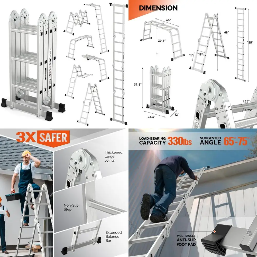 アルミニウム製7-in-1多機能伸縮はしご、ヘビーデューティーステップコンビネーション、EN 131規格、高さ12.5フィート